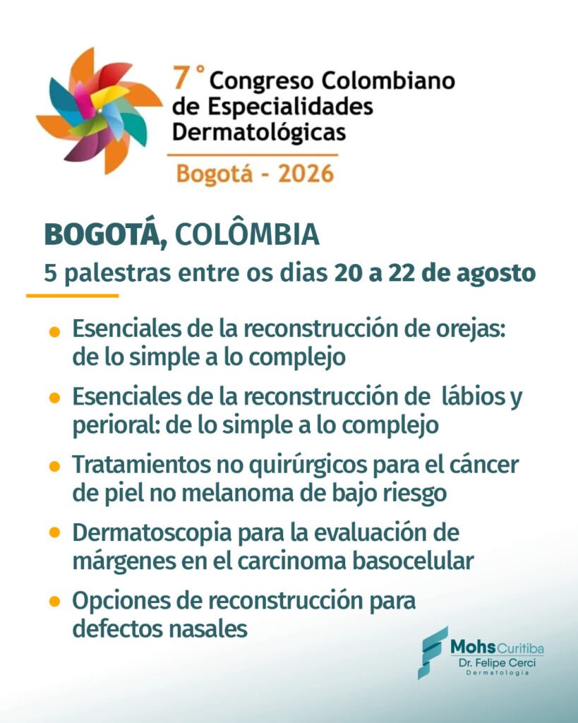 Bogotá, Colômbia: 5 palestras entre os dias 20 e 22 de agosto, no 7º Congresso Colombiano de Especialidades Dermatológicas, sobre reconstrução de orelhas, lábios e região perioral, tratamentos não cirúrgicos para o câncer de pele, dermatoscopia para avaliação de margens no carcinoma basocelular e reconstrução de defeitos nasais