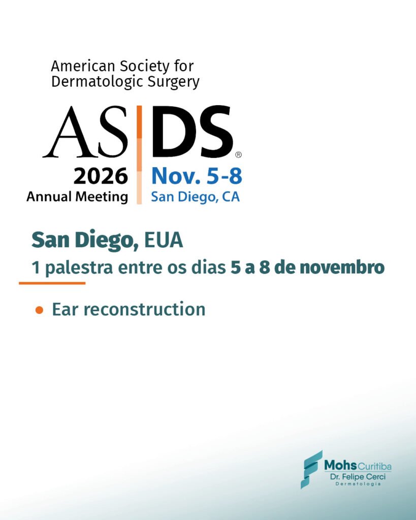 San Diego, Estados Unidos: 1 palestra entre os dias 5 e 8 de novembro, no encontro anual da American Society for Dermatologic Surgery, sobre reconstrução de orelha