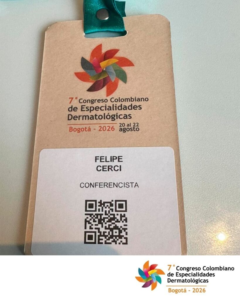 Crachá de conferencista do Dr. Felipe Cerci no 7º Congresso Colombiano de Especialidades Dermatológicas