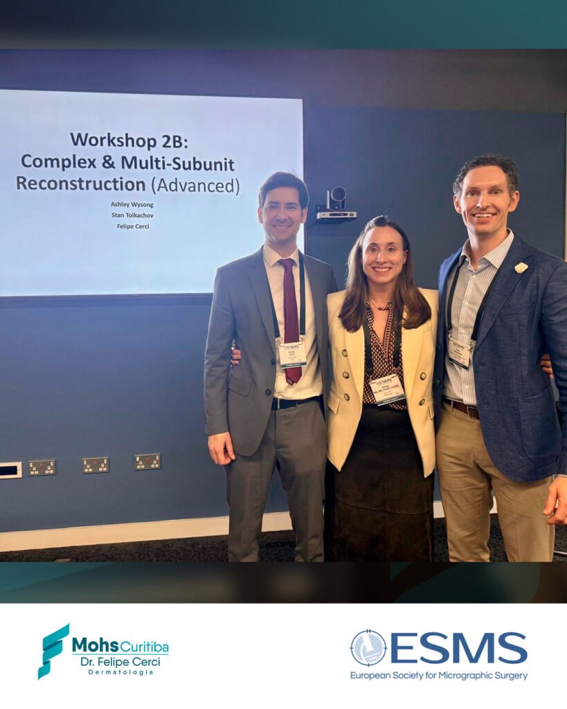 Dr. Felipe Cerci com a Dra. Ashley Wysong e o Dr. Stan Tolkachjov no workshop de reconstruções complexas e de múltiplas unidades