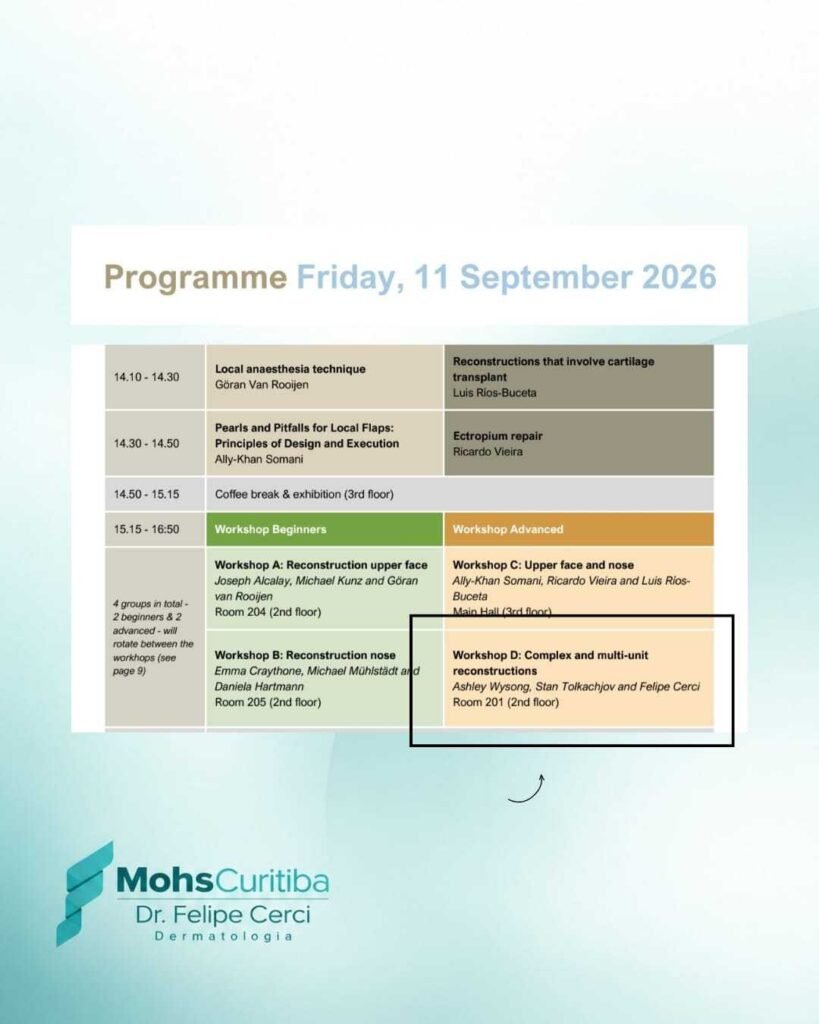 Programação do curso da European Society for Micrographic Surgery de 11 de setembro de 2026, com o workshop de reconstruções complexas e de múltiplas unidades
