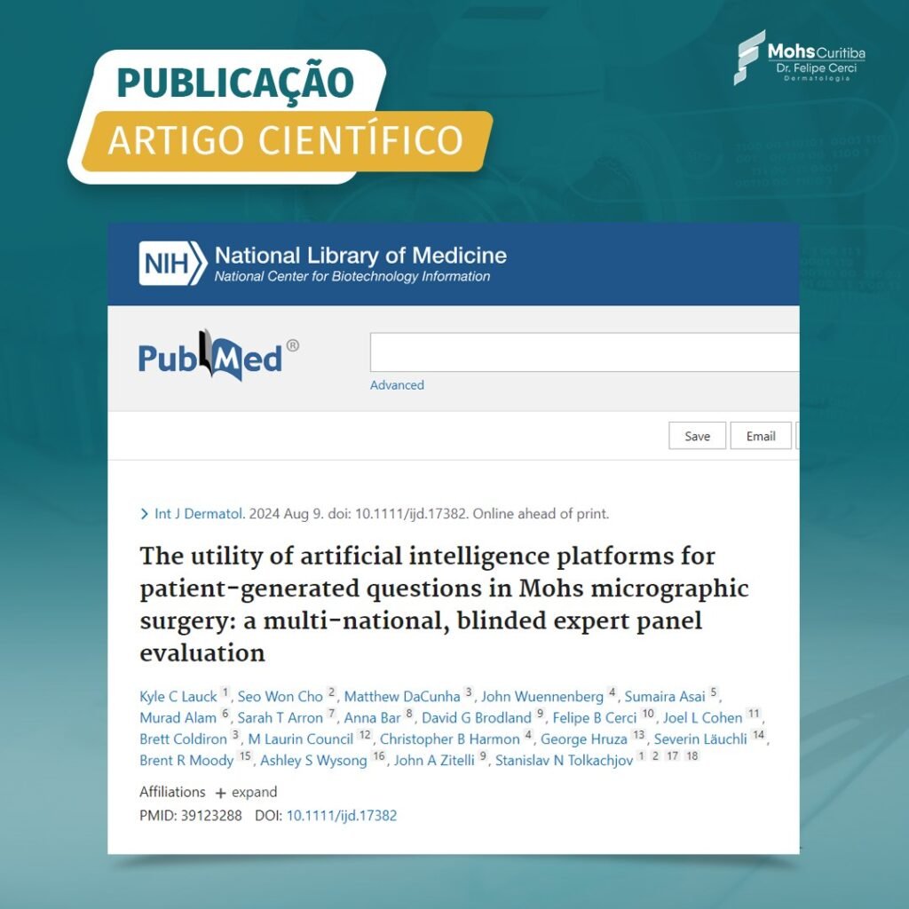 Publicação Artigo Científico: The utility of artificial intelligence platforms for patient-generated questions in Mohs micrographic surgery: a multi-national, blinded expert panel evaluation