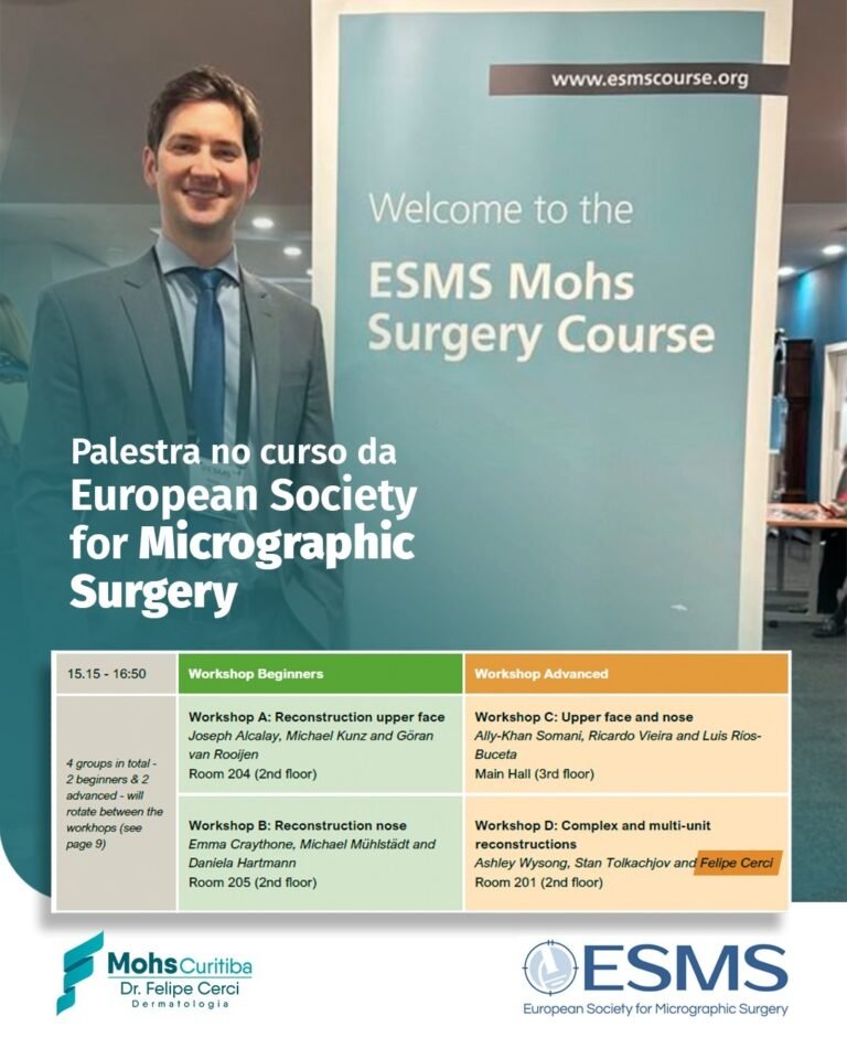 Dr. Felipe Cerci no curso da European Society for Micrographic Surgery, em Londres, ao lado da programação do workshop