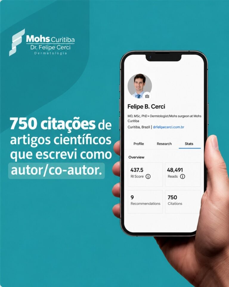 Arte com o texto 750 citações de artigos científicos que escrevi como autor/co-autor, ao lado de um celular com o perfil do Dr. Felipe Cerci mostrando 750 citações